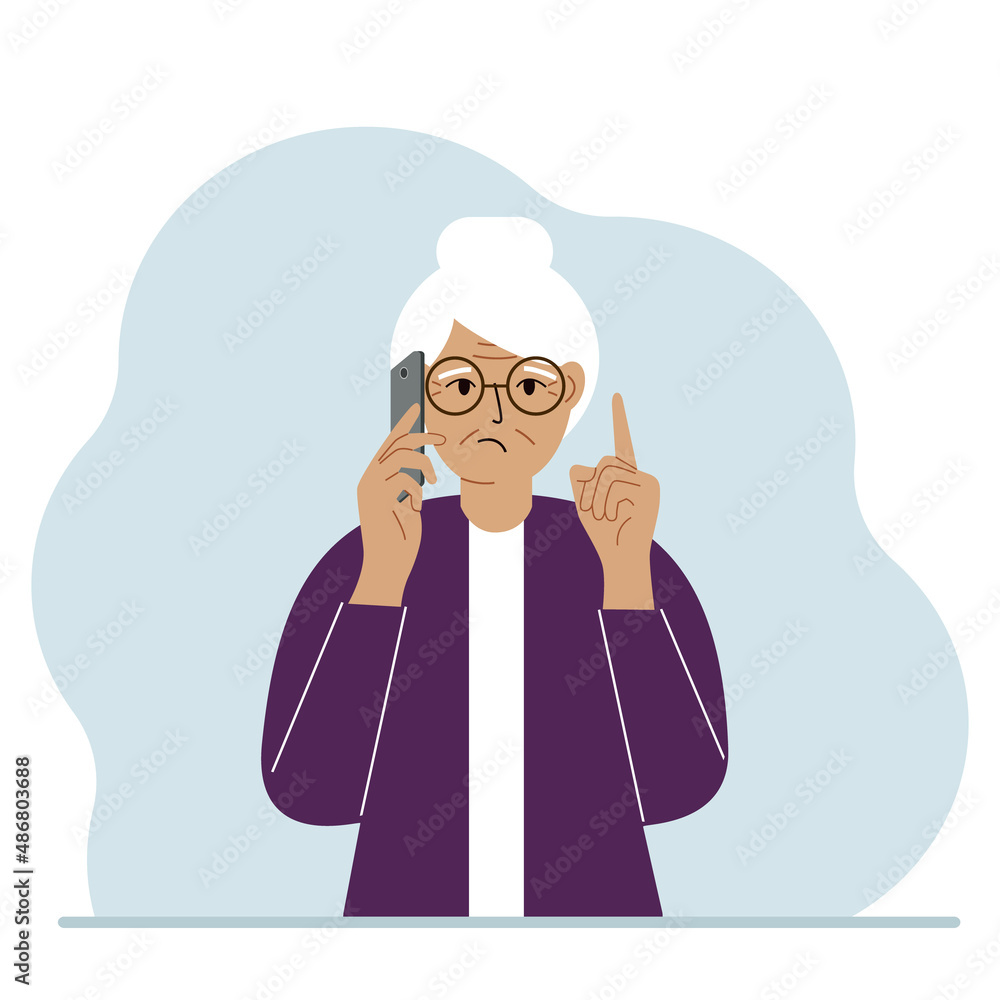 Sad grandmother talking on a cell phone with emotions. One hand with the phone the other with a forefinger up gesture.