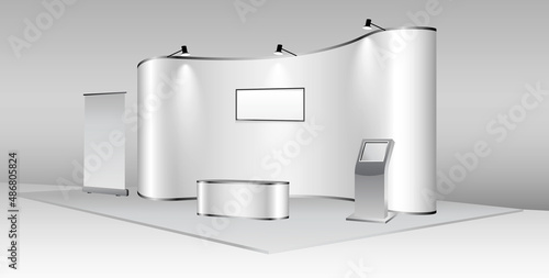 set of realistic trade exhibition stand or white blank exhibition kiosk or stand booth corporate commercial. eps vector