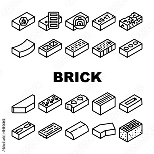 Brick For Building Construction Icons Set Vector. Refractory And Defective Brick, Handmade And Facing Of Building Exterior, Old Damaged Line. Cement And Silicate Material Black Contour Illustrations