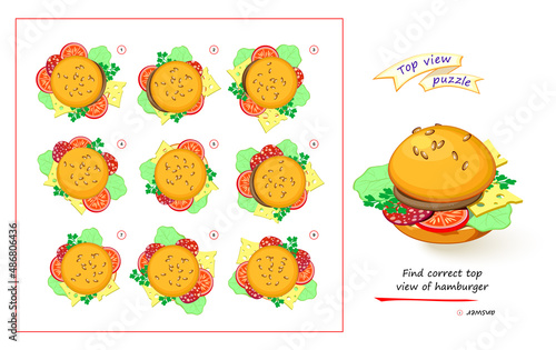 Logic puzzle game for children and adults. 3D maze. Need to find correct top view of hamburger. Printable page for brain teaser book. Developing spatial thinking skills. IQ test. Play online.