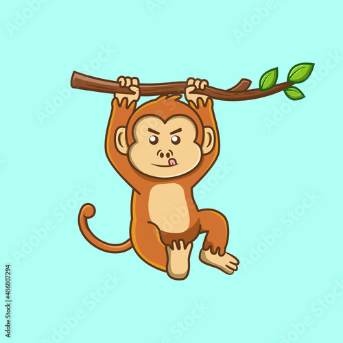 Funny monkey hanging on branch tree icon cartoon vector illustration © Mrle.Dsign