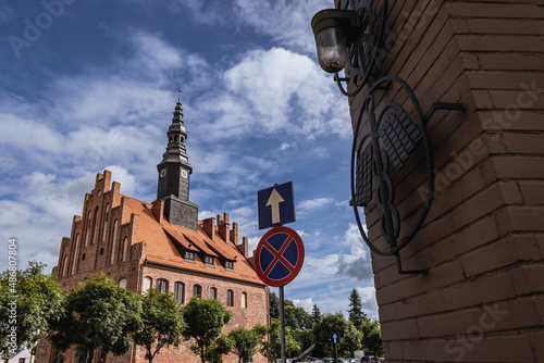 Fototapeta Naklejka Na Ścianę i Meble -  Exterior view of historic town hall building in od part of Morag, small town in Warmia-Mazury region of Poland