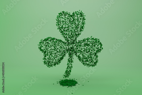 Clover made of shamrocks on green background  St. Patrick s Day celebration. 3D illustration