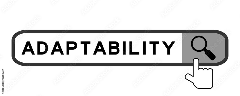 Search banner in word adaptability with hand over magnifier icon on white background Search banner in word adaptability with hand over magnifier icon on white background