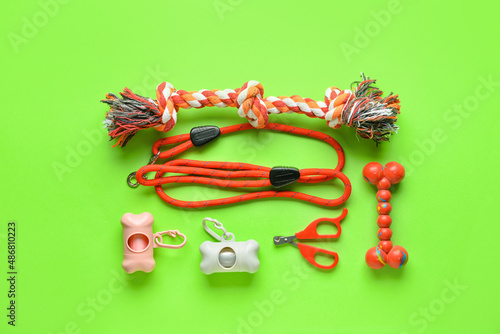 Set of pet care accessories with waste bags on green background