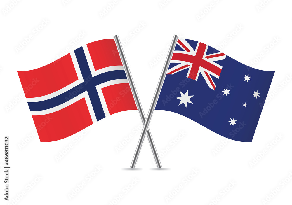 Norway and Australia crossed flags. Norwegian and Australian flags, isolated on white background. Vector icon set. Vector illustration.