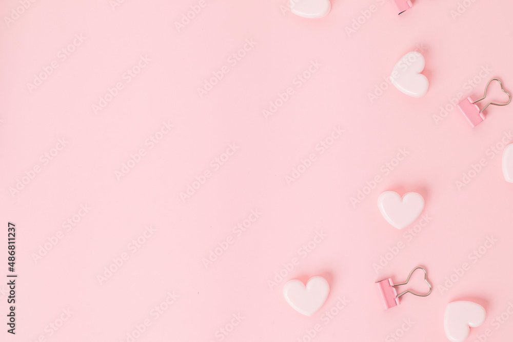 little pink hearts on a pink background, topview, flatlay