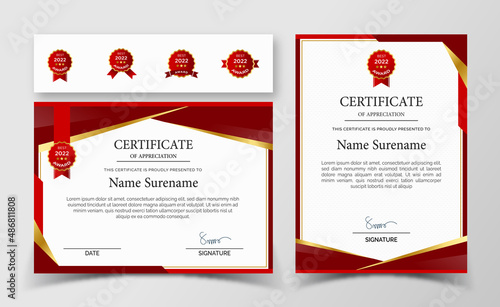 Certificate of appreciation template, red and gold color. Clean modern certificate with gold badge
Certificate of Appreciation template, certificate of achievement, awards diploma template