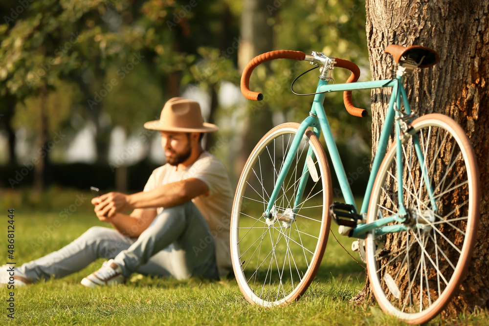 Stylish bicycle near tree in park - obrazy, fototapety, plakaty 