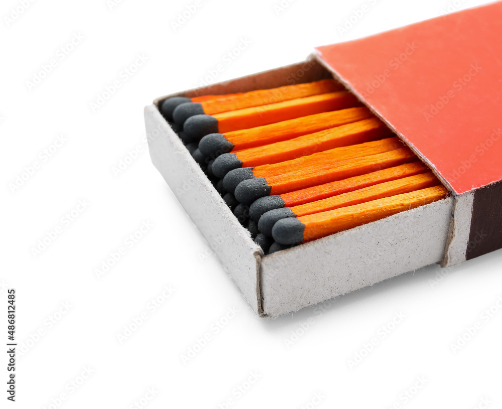Box with new matchsticks on white background, closeup Box with new matchsticks on white background, closeup