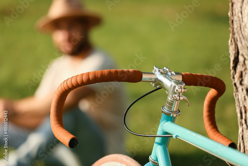 Stylish bicycle near tree in park, closeup