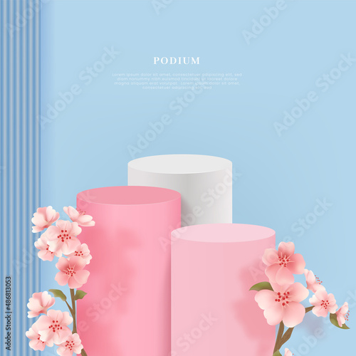 벚꽃이 있는 전시 목업,진열 단상 포디움