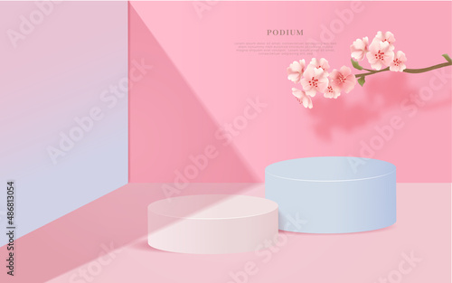 벚꽃이 있는 전시 목업,진열 단상 포디움