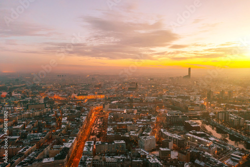 Polish city Wroclaw from a great height at sunset, beautiful sky © Vladyslav
