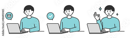 若い男性がPCを操作して登録するイラスト素材