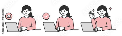 若い女性がPCを操作して登録するイラスト素材