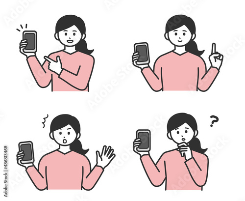 若い女性が携帯電話を片手に持つイラスト素材