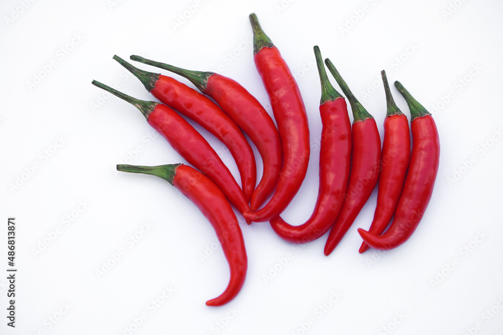 Red hot chili on white background. Concept : Food ingredient. Organic vegetable for cooking. Agriculture crops in Thailand that Thai farmers grow for sale, cook spicy food.          