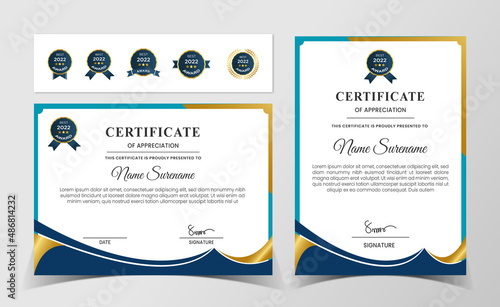 Premium certificate of achievement template, gold and blue color.