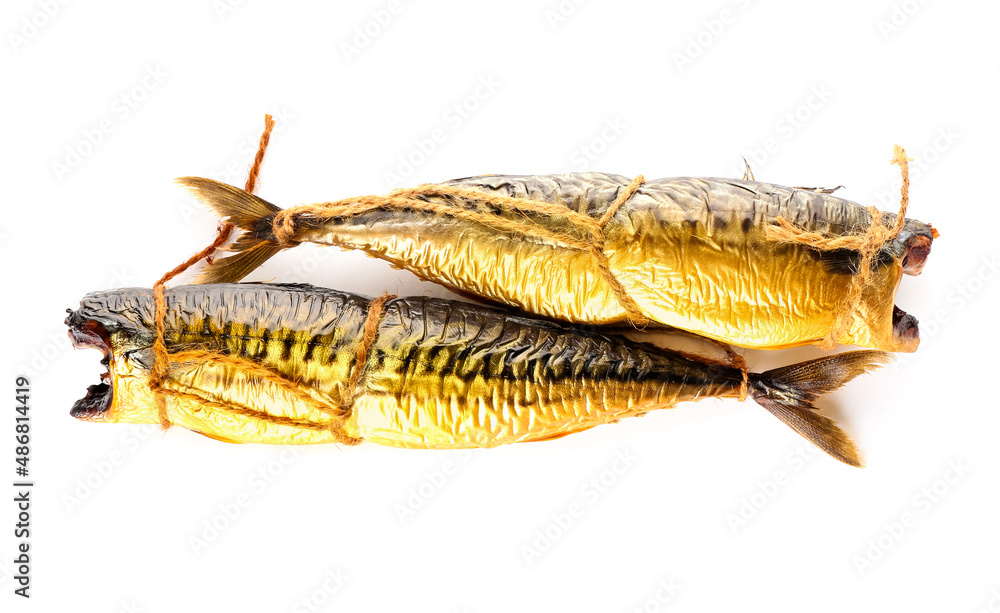 Tasty smoked mackerel fishes on white background