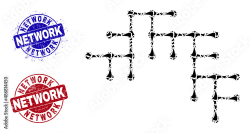 Round NETWORK rubber stamps with text inside round forms, and shatter mosaic binary circuit icon. Blue and red seals includes NETWORK text. Binary circuit mosaic icon of shatter particles.