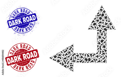 Round DARK ROAD scratched badges with word inside round forms, and shard mosaic bifurcation arrow left up icon. Blue and red stamps includes DARK ROAD text.