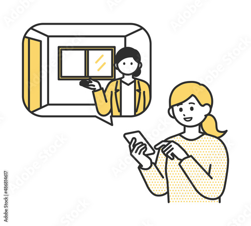 スマートフォンでオンライン内見をする若い女性のイラスト素材