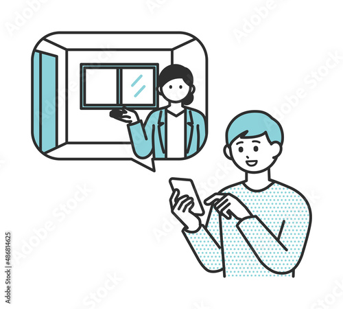 スマートフォンでオンライン内見をする若い男性のイラスト素材