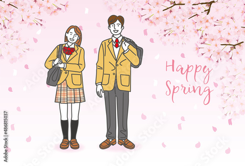 桜を背景に仲良しの高校の同級生の男女のイラスト