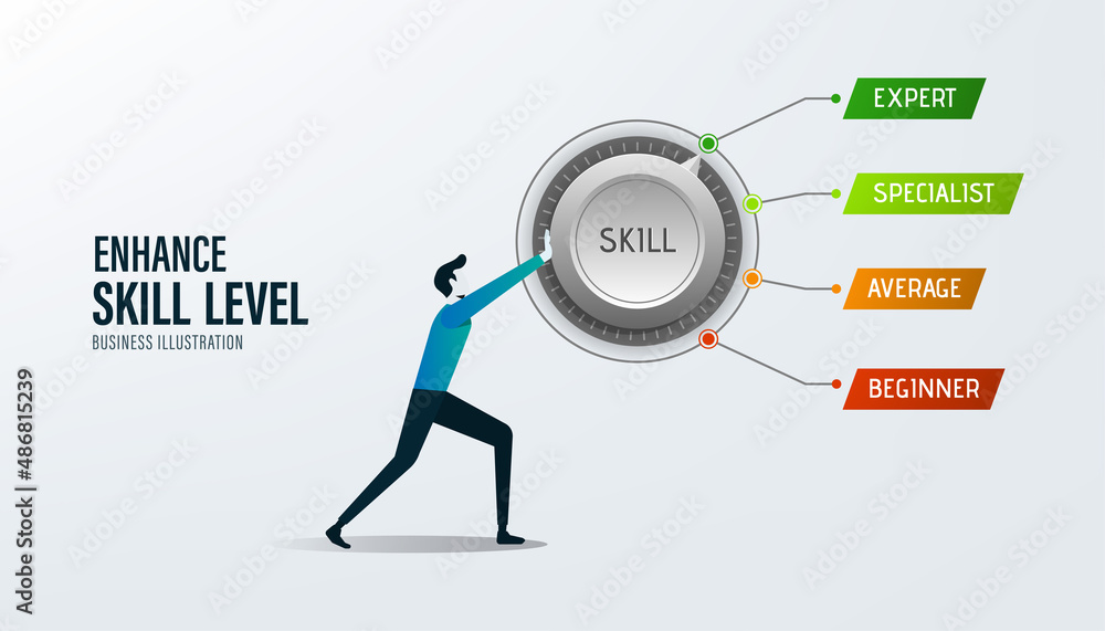 Enhance level skill. Increasing Skills Level. Businessman turning skill knob to expert position