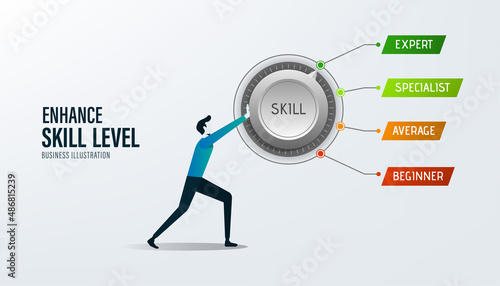 Enhance level skill. Increasing Skills Level. Businessman turning skill knob to expert position. Concept of professional or educational knowledge.