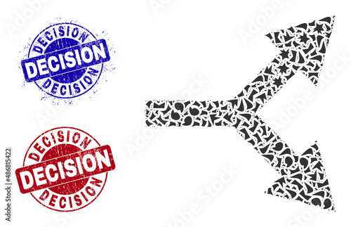 Round DECISION rubber stamp prints with caption inside round shapes, and shard mosaic bifurcation arrow right icon. Blue and red stamp seals includes DECISION title.