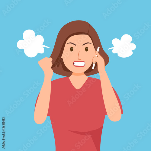 Angry customer woman on phone in flat design.