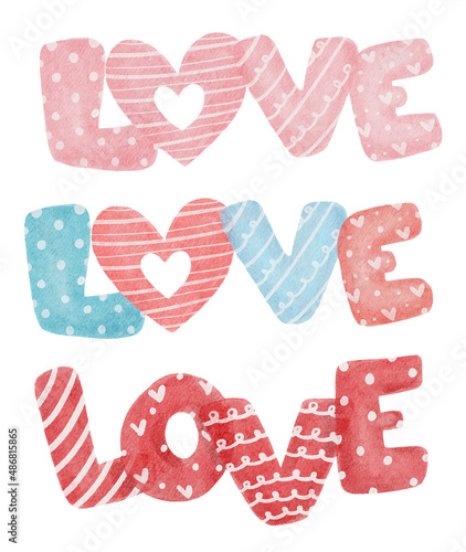 group of cute love word text collection in multiple style cartoon watercolor vector hand painting, love alphabet in red, pink and multiple color