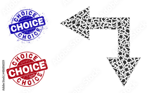 Round CHOICE unclean stamp imitations with caption inside round shapes, and shatter mosaic bifurcation arrow left down icon. Blue and red stamp seals includes CHOICE tag.