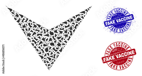 Round FAKE VACCINE rough stamp seals with text inside round forms, and debris mosaic arrowhead down icon. Blue and red stamp seals includes FAKE VACCINE title.
