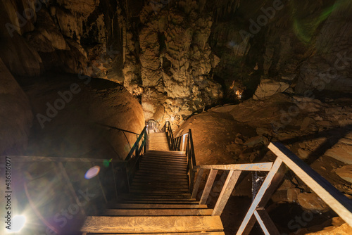 Wooden walking path in Phu Pha Petch caves at Thailand