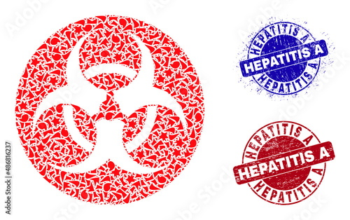 Round HEPATITIS A textured badges with caption inside round forms, and shard mosaic bio-hazard icon. Blue and red seals includes HEPATITIS A caption. Bio-hazard mosaic icon of debris elements.