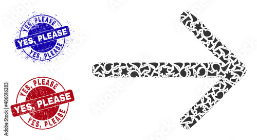 Round YES, PLEASE rubber stamp imitations with tag inside round forms, and shatter mosaic arrow right icon. Blue and red stamp seals includes YES, PLEASE caption.