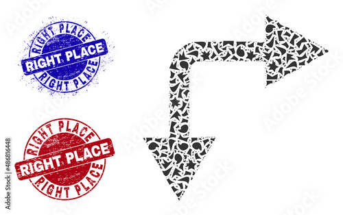 Round RIGHT PLACE rough stamp imitations with word inside round shapes, and spall mosaic bifurcation arrow right down icon. Blue and red stamp seals includes RIGHT PLACE title.