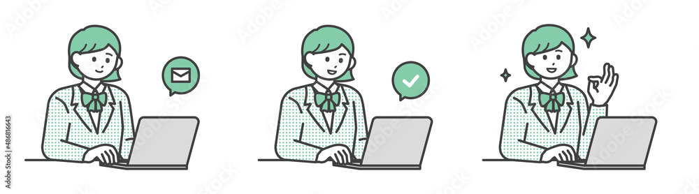 PCを操作して登録する学生の女の子のイラスト素材セット