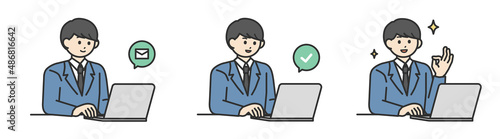 PCを操作して登録する学生の男の子のイラスト素材セット