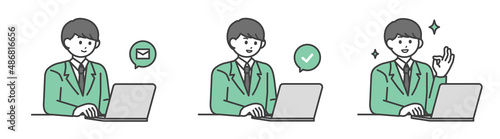 PCを操作して登録する学生の男の子のイラスト素材セット