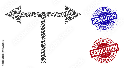 Round RESOLUTION rough stamp seals with text inside round shapes, and fragment mosaic bifurcation arrows left right icon. Blue and red seals includes RESOLUTION text.