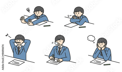 勉強に集中できていない学生の男の子のイラスト素材セット