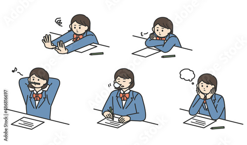 勉強に集中できていない学生の女の子のイラスト素材セット