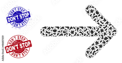 Round DON'T STOP rubber prints with text inside circle shapes, and fraction mosaic arrow right icon. Blue and red stamps includes DON'T STOP text. Arrow right mosaic icon of shatter elements.