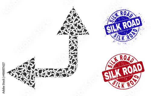 Round SILK ROAD scratched stamp seals with caption inside round shapes, and shatter mosaic bifurcation arrow left up icon. Blue and red stamp seals includes SILK ROAD text.