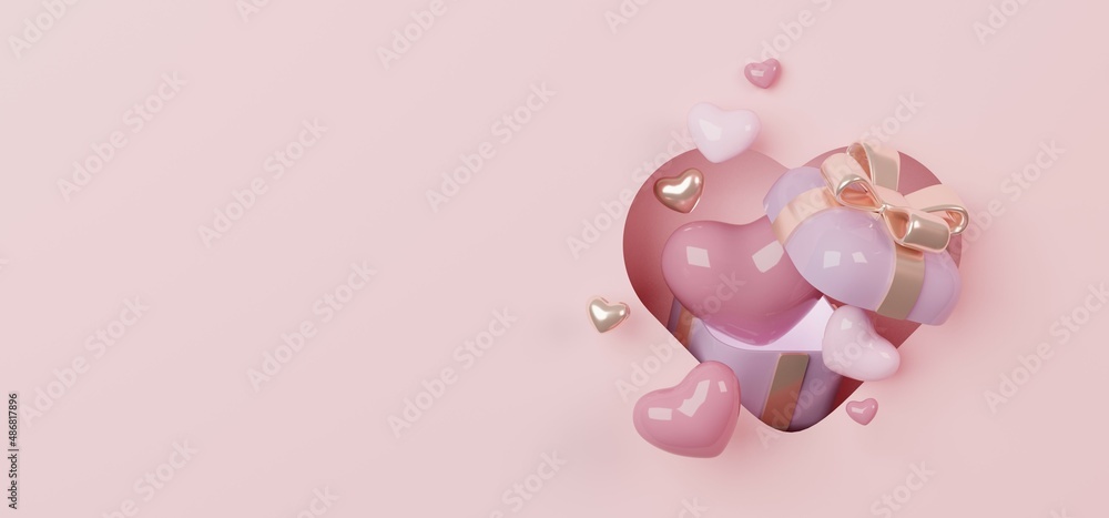 Happy Valentines day pink background with love hearts balloons and gift boxes. 3D illustration Happy Valentines day pink background with love hearts balloons and gift boxes. 3D illustration