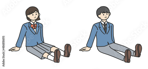 地べたに座っている学生の男の子と女の子のイラスト素材セット
